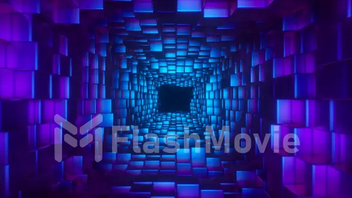 Abstract flying in futuristic corridor, fluorescent ultraviolet light, geometric endless tunnel, blue pink spectrum, 3d illustration. Wall of square blocks is moving