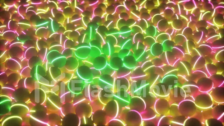 3D illustration of a pile of abstract neon ultraviolet colorful glow spheres and balls, rolling and falling.