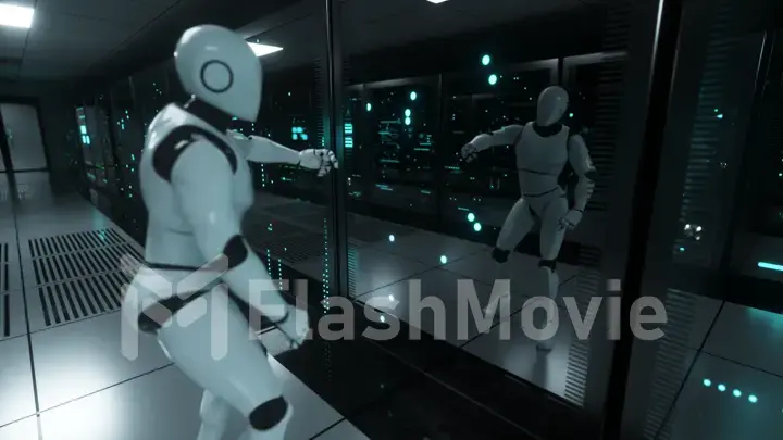 The dancing robot in the server room looks at itself in reflection. Data servers behind glass panels in the server room of the data center. 3d illustration