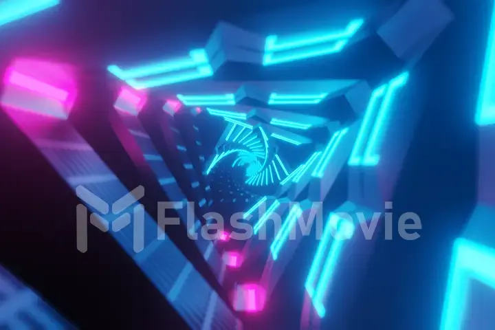 Flying through metallic glowing rotating neon triangles creating a tunnel, colorful spectrum, fluorescent ultraviolet light, modern colorful lighting, 3d illustration