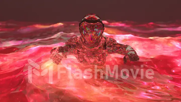 Space concept. Diamond astronaut swims in the ocean with red water. Waves. 3d illustration