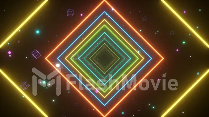 An endless tunnel of luminous multicolored neon squares for music videos, night clubs, LED screens, projection show, video mapping, audiovisual performance, fashion events. 3d illustration