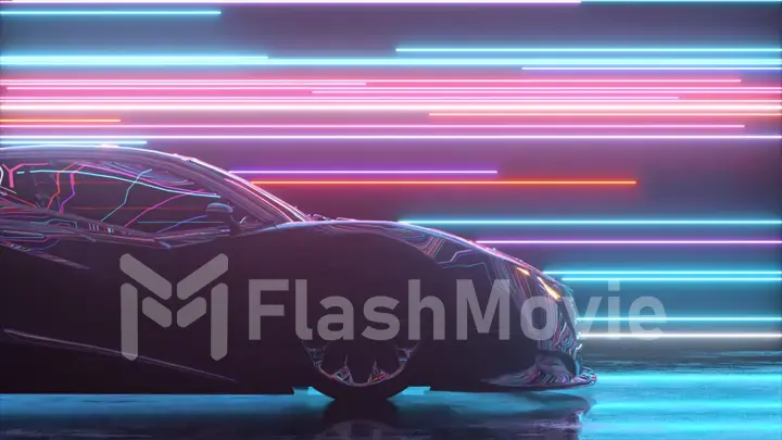 Futuristic concept. Sports car on the background of glowing neon lines. Blue purple color. 3d Illustration