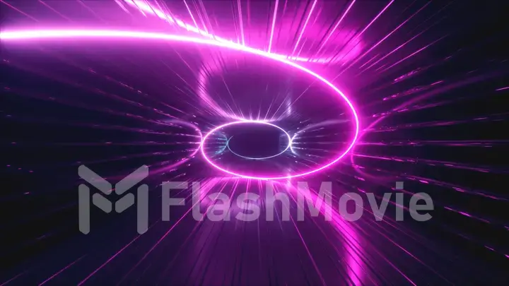 Abstract neon background. 3d render neon ultraviolet spiral spreads along the metal corridor. Hypnotic spiral, blue red pink purple spectrum, 3d illustration