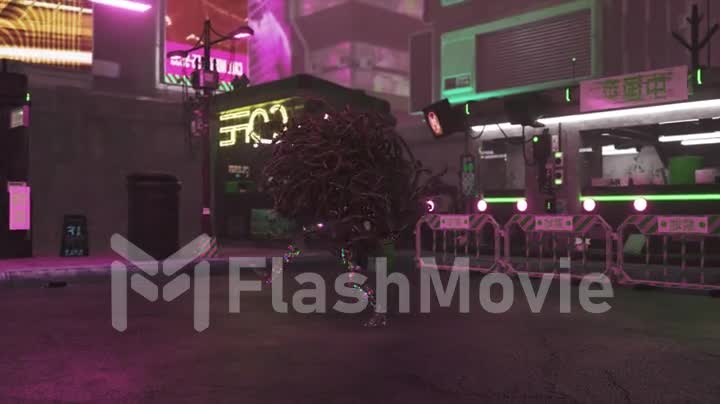 Cyberpunk city. Transparent man with green hair dancing on city background. Pink neon signs. Night city. 3d animation