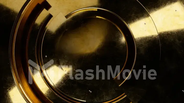 Golden modern business video background. Rotating parts of a circle. Spiral scratched surface concept. 3d illustration