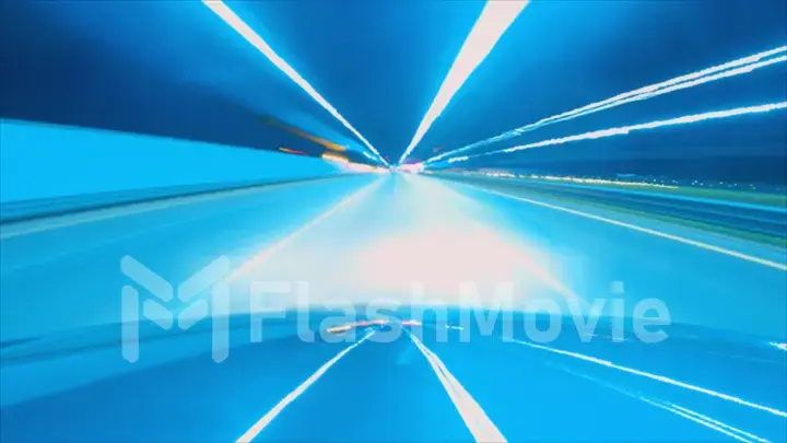 Driving a car in the city at night. The camera on the hood of the car. Hyperlapse in the evening in the center of the city on the highway. Abstract soft glowing lines.