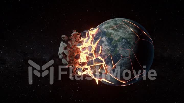 Collision of planet earth and moon. Splitting the planets into small pieces. Disaster concept. 3d animation