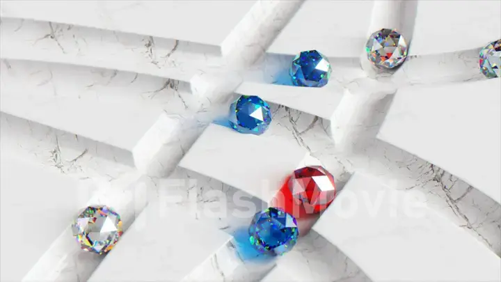 Colored balls roll around the white marble labyrinth. White, blue, red, black sphere. 3d Illustration