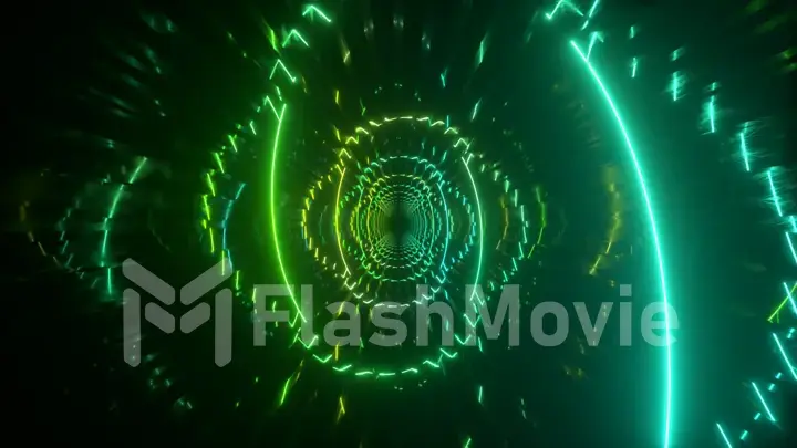 Gradient neon spiral metal tunnel background. Endless flight forward. Modern neon lighting. 3d illustration