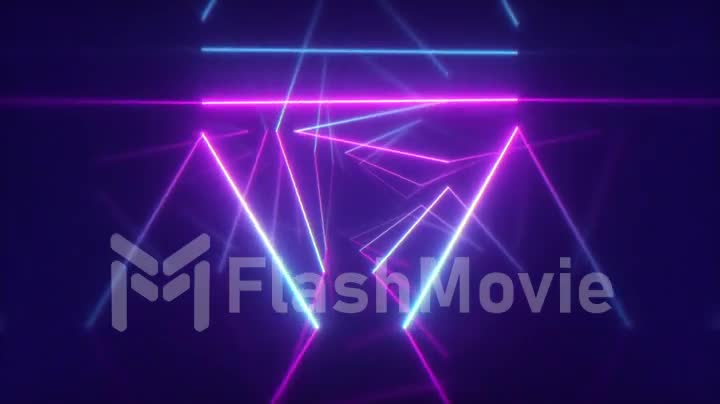 Abstract flying in futuristic corridor with triangles, seamless loop 4k background, fluorescent ultraviolet light, colorful laser neon lines, geometric endless tunnel, blue pink spectrum, 3d render
