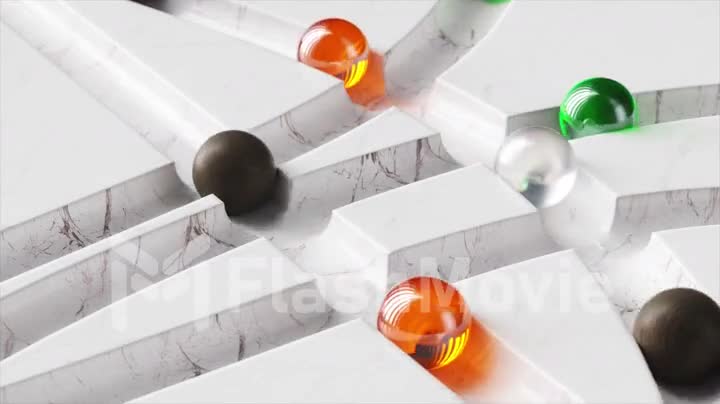 Colored balls roll around the white marble labyrinth. White, orange, green, black sphere. 3d animation of seamless loop