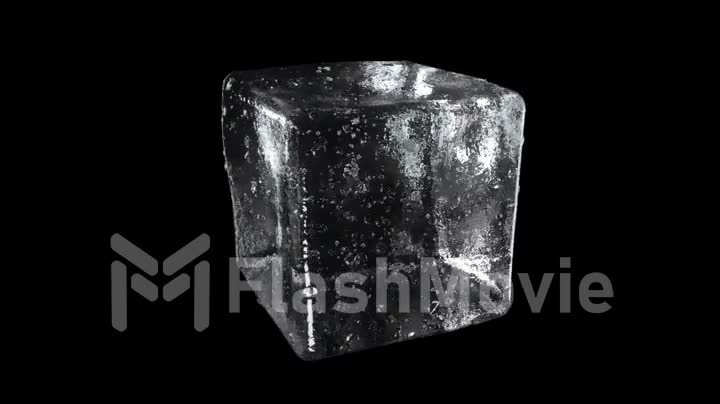 Detailed ice cube close up rotates on black isolated background