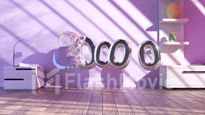 Abstract concept. Balloons silver numbers inflate and turn into transparent. Rainbow light. Purple room. 3d animation.