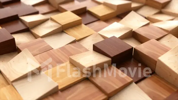 Wooden square parts of the mosaic have different heights. Smooth geometric objects. Dark and light wood.