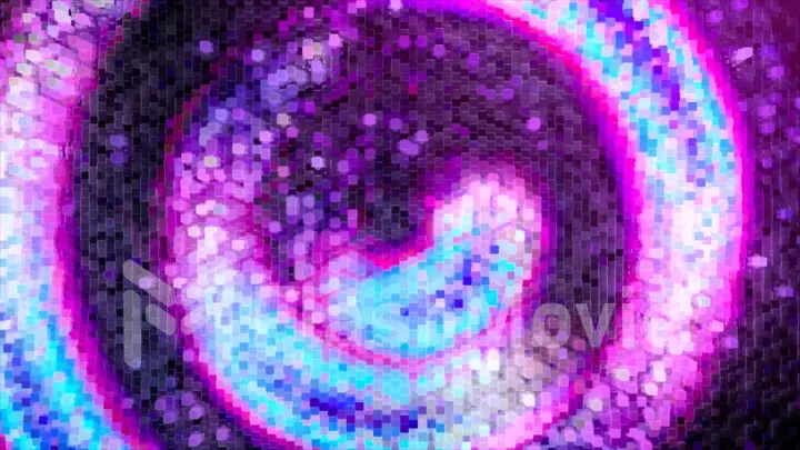 Abstract swirl of neon pixels moves counterclockwise. Blue pink color. 3d Illustration