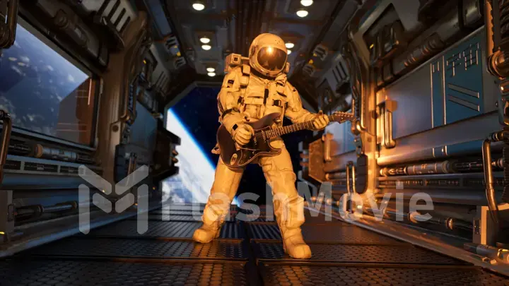 Space concept. An astronaut on a spaceship plays the guitar against the backdrop of the Earth. Space suit. Open space.