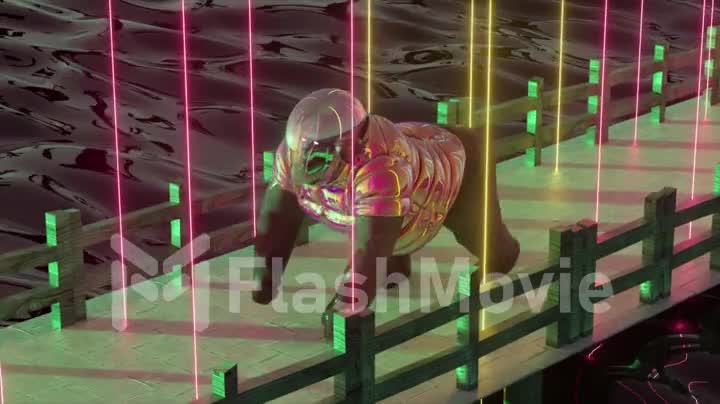 Gorilla with helmet runs along a stone pier. Dark water around. Neon light. Glitter jacket. 3d animation