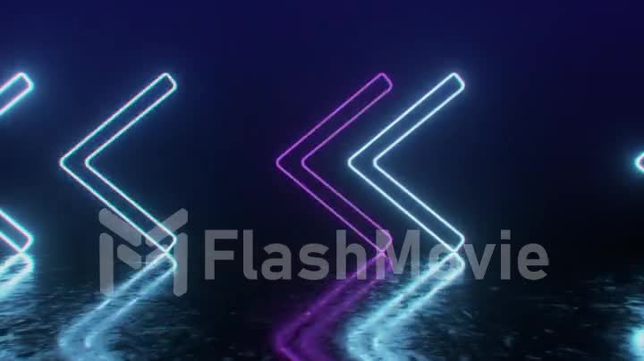 Bright neon arrows on a metal surface indicate the direction of movement. Abstract laser background. Seamless loop 3d render