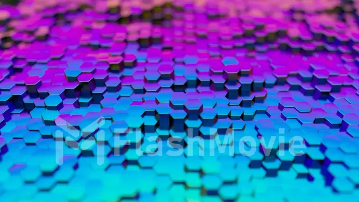 Abstract hexagons random motions background, 3d illustration. Modern ultraviolet light spectrum. Blue purple colors