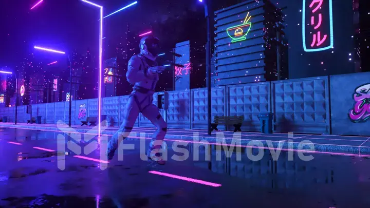 An astronaut runs down the street in a neon city. 80s background. Retro style. Futuristic concept. 3D illustration