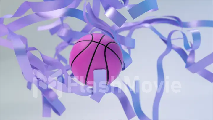 Abstract concept. Cluster of blue ribbons. A purple basketball flies through the ribbons. Close-up. 3d illustration