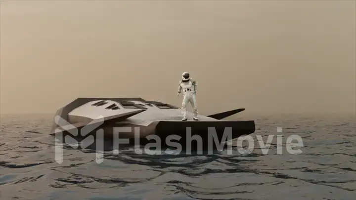 Space concept. An astronaut dances on the stern of a modern boat in the middle of the ocean space. Space suit.