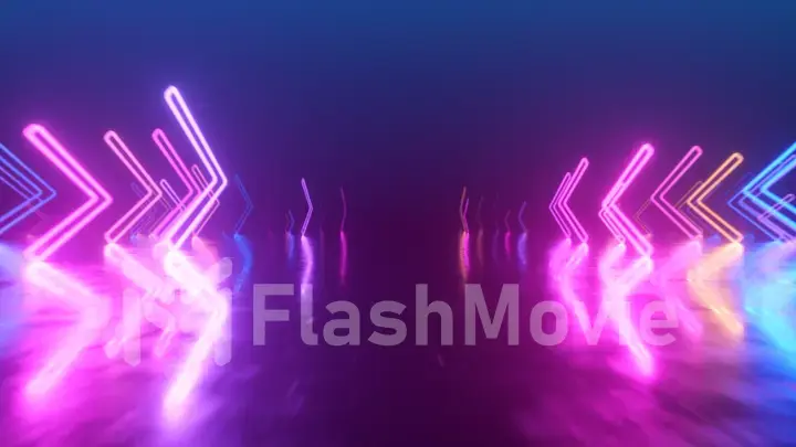 Fast flight in space with the direction of movement of the neon arrows. Abstract laser background. 3d illustration