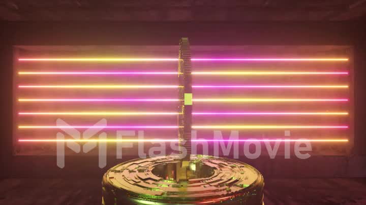 Rotating Dogecoin in a futuristic future room with neon lighting. Cryptocurrency concept. 4k animation of seamless loop