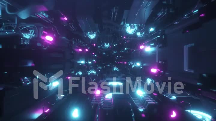 Rotating neon dna chain. Fluorescent ultraviolet lights. Sci-fi style. Modern neon blue purple light spectrum. 3D render seamless loop animation 4k UHD