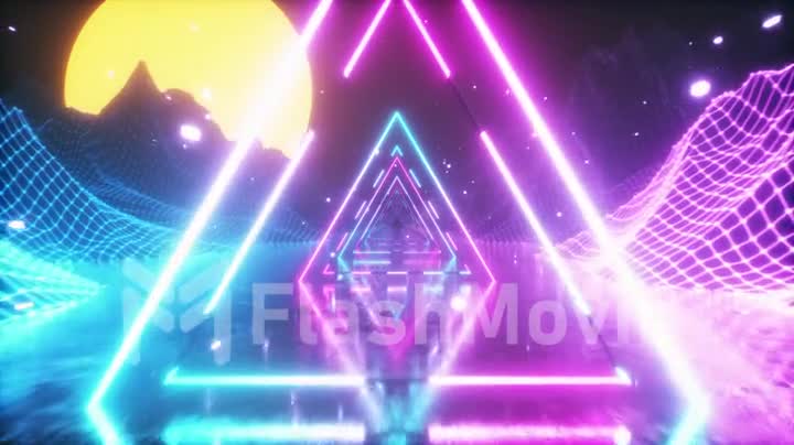 80's Abstract retro futuristic background. Beautiful animation with ultraviolet neon triangle modern lights. Retro wave stylization. Flying in space with particles and sun