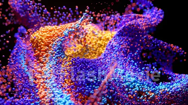 Whirlwind of colored particles on a black isolated background. Video animation with surreal liquid color mixing splash