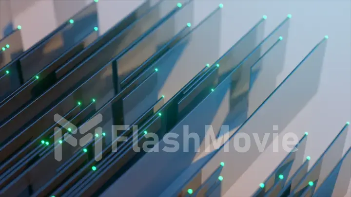 Abstract business background from moving 3D stripes on a plane with glowing dots. Futuristic concept. 3d illustration