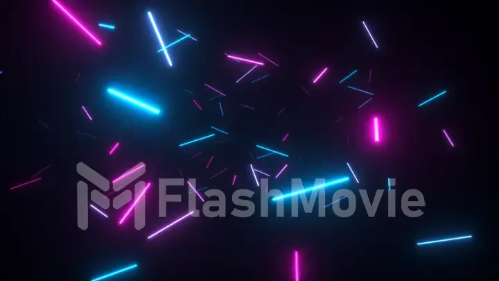 Infinite flight in space among fluorescent neon lamps. Modern blue purple spectrum. 3d illustration