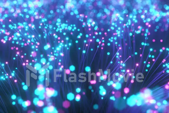 Fiber optic wires with flashing signals. Digital data transmission via fiber optic cable. Bouquet of colored optical fibers with bokeh. Technology concept. 3d illustration