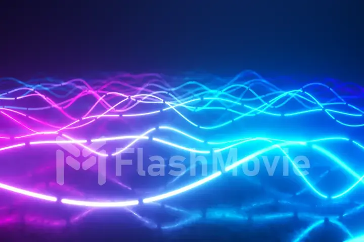 Futuristic neon glowing surface made of bright lines. Abstract motion background. Ultraviolet signal spectrum, laser show, energy, sound vibrations and waves. 3d illustration