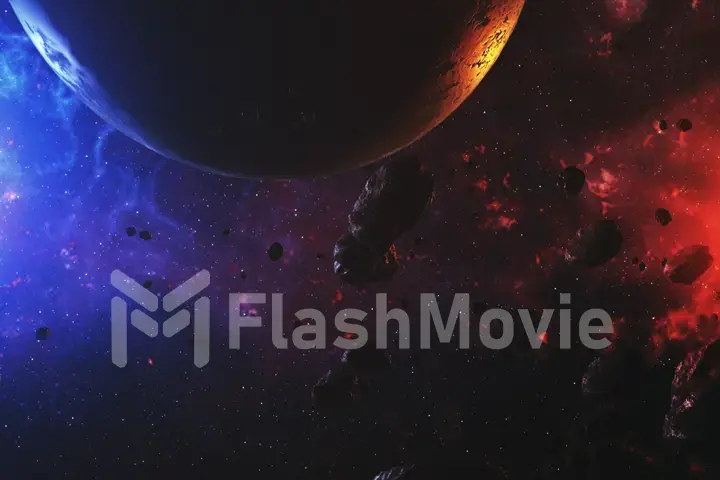 Colorful outer space with asteroids and planet 3d illustration