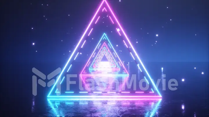 Flying through glowing neon triangles with metal floor creating a tunnel with fog, blue pink violet spectrum, fluorescent ultraviolet light, modern vj colorful lighting, 3d illustration