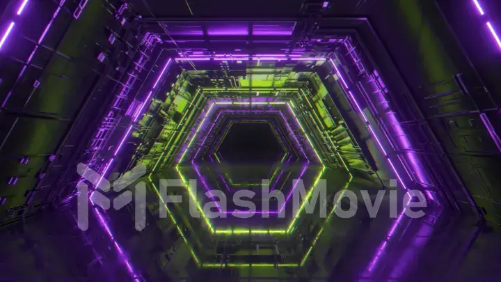 Flying in a bright neon geometric tunnel. Future technology. Modern color spectrum. Room interior with glowing neon fluorescent lamps. Futuristic architecture background. 3d illustration