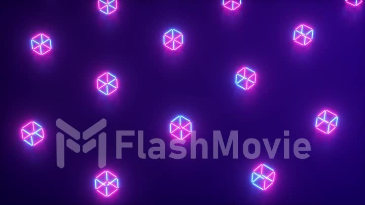 Abstract neon 3d render of geometric shapes. Computer generated loop animation. Modern colorful laser lighting background, seamless 4k loop motion design