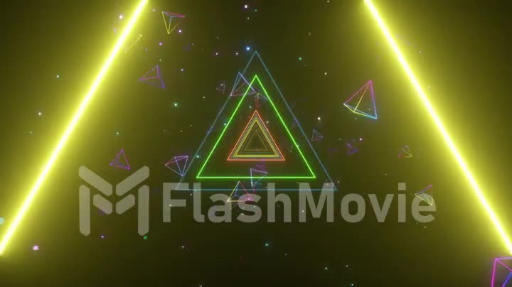 An endless tunnel of luminous multicolored neon triangles