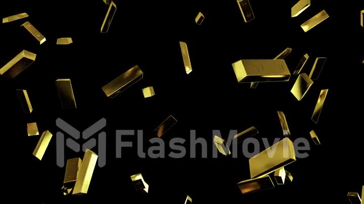 Falling gold bars in slow motion on black isolated background with luma matte. 3D render, seamless loop animation in 4k