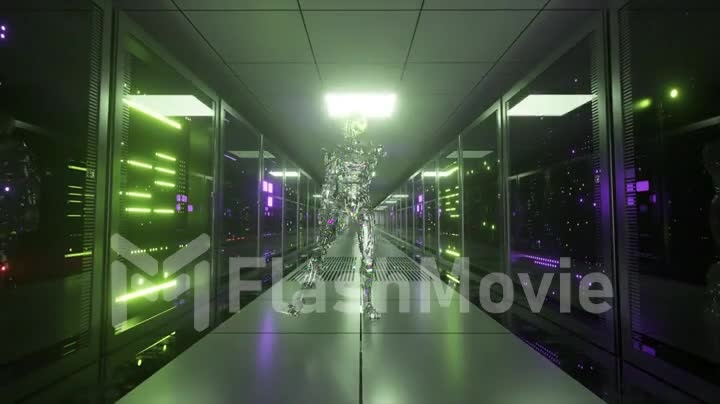 The diamond robot is dancing on the background of the server room. Dancer. Neon light. 3d animation of seamless loop