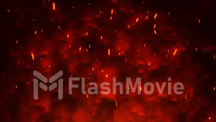 Firestorm texture. Bokeh lights on black background, shot of flying fire sparks in the air