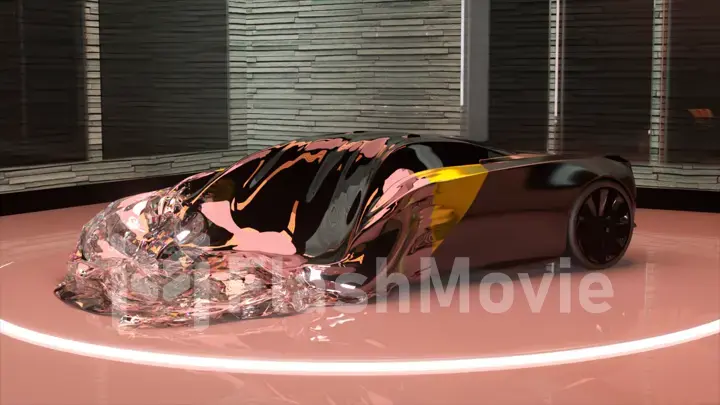 A golden sports car transforms into a transparent pink film. Exhibition item. Wealth. Shape change. 3d illustration