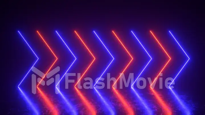 Flashing bright neon arrows light up and go out indicating the direction. Abstract background, laser show. Neon color trends phantom blue and lush lava light spectrum. 3d illustration