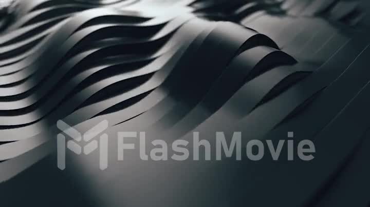 Abstract background with black wavy stripes. Modern black background template for documents, reports and presentations. Sci-fi futuristic. 3D animation of seamless loop