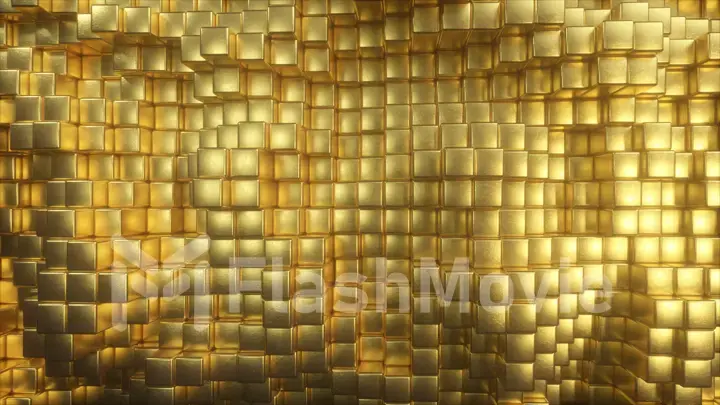 Beautiful abstract golden cubes. The golden wall of blocks is moving. 3d illustration