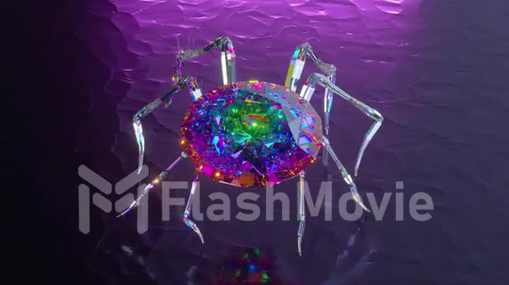 Spider with a body made of a diamond stone walks on a smooth mirror surface. Blue purple color. 3d animation