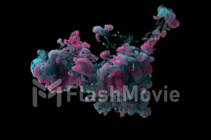 Pink Blue Color Burst - colorful smoke powder explosion fluid ink particles slow motion. 3d illustration on black isolated background